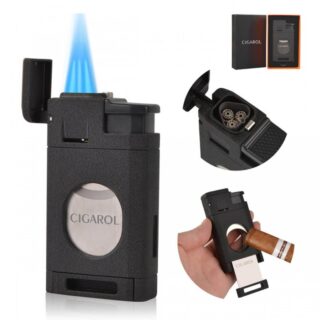 Black windproof cigar lighter with triple flame and cigar cutter 310057