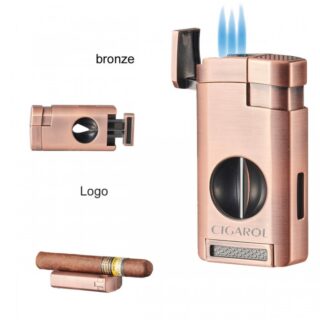 Triple Rose Gold Cigar Lighter with V-Cut cutter and base